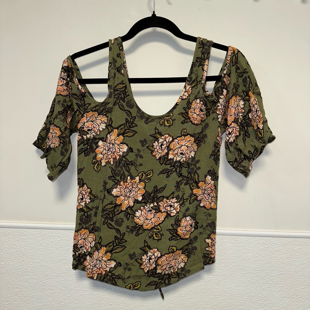 Women's True Craft Floral Cold Shoulder Top Size M Green Orange Blouse Tie Front - Picture 8 of 8